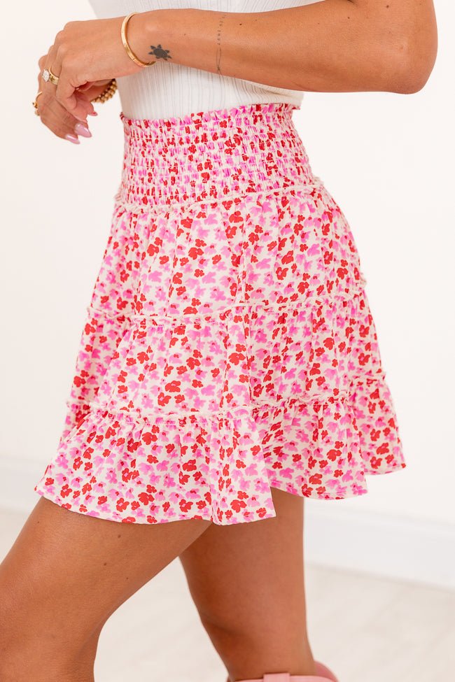 Through The Garden Ivory Pink And Red Floral Mini Skort SALE - ShopLorca