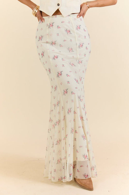 Floral Echo Ivory and Pink Knit Maxi Skirt - ShopLorca