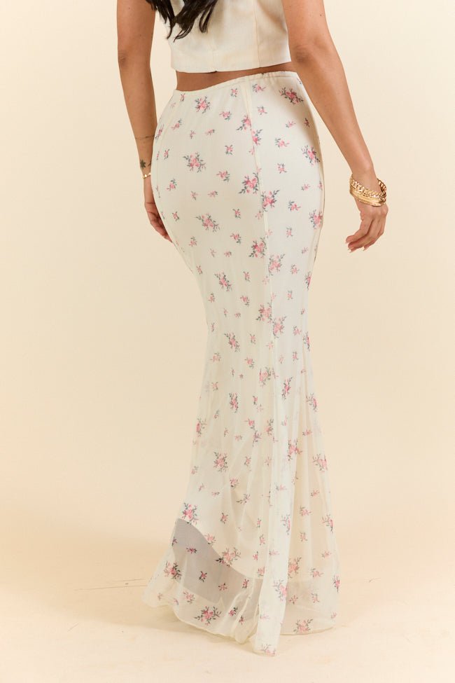 Floral Echo Ivory and Pink Knit Maxi Skirt - ShopLorca