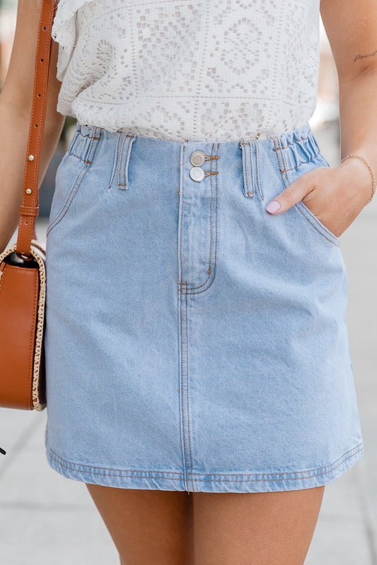 I've Been Thinking Light Wash Denim Paper Bag Waist Mini Skirt - ShopLorca