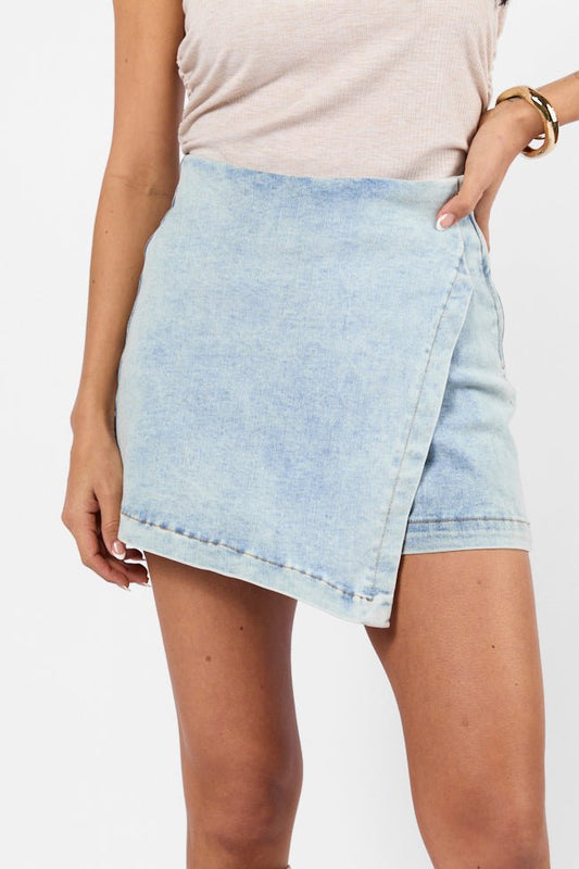 My Favorite Light Wash Acid Wash Denim Skort - ShopLorca