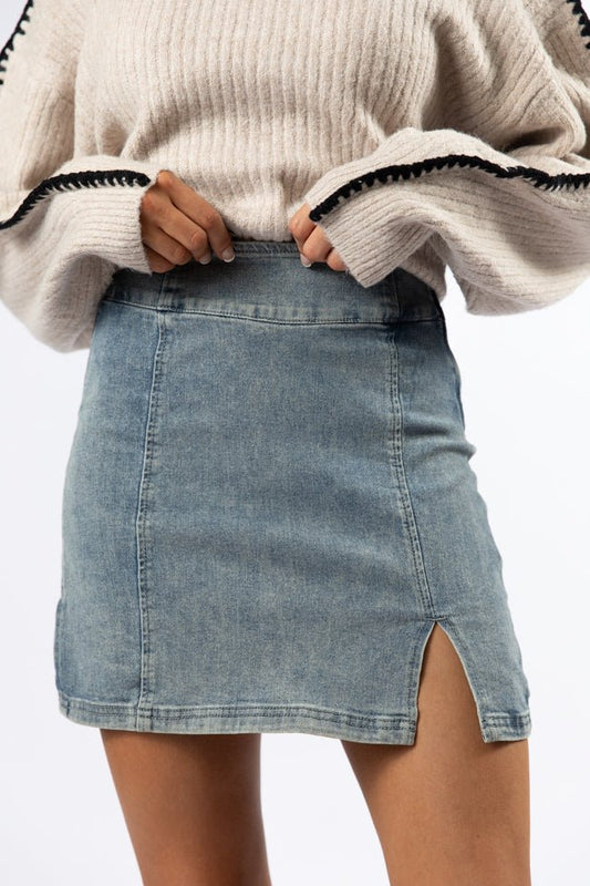 My Time To Shine Medium Wash Side Slit Denim Skirt - ShopLorca