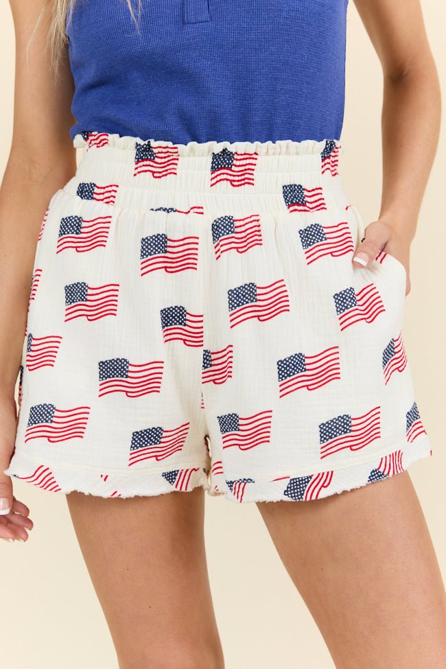 Ready For A Change Cream Flag Print Gauze Shorts - ShopLorca