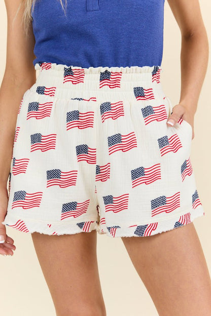 Ready For A Change Cream Flag Print Gauze Shorts - ShopLorca