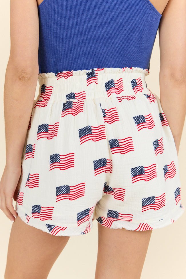 Ready For A Change Cream Flag Print Gauze Shorts - ShopLorca