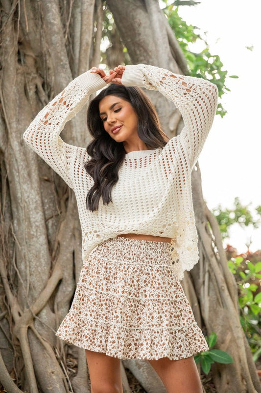 Through The Garden Ivory and Brown Floral Mini Skort SALE - ShopLorca